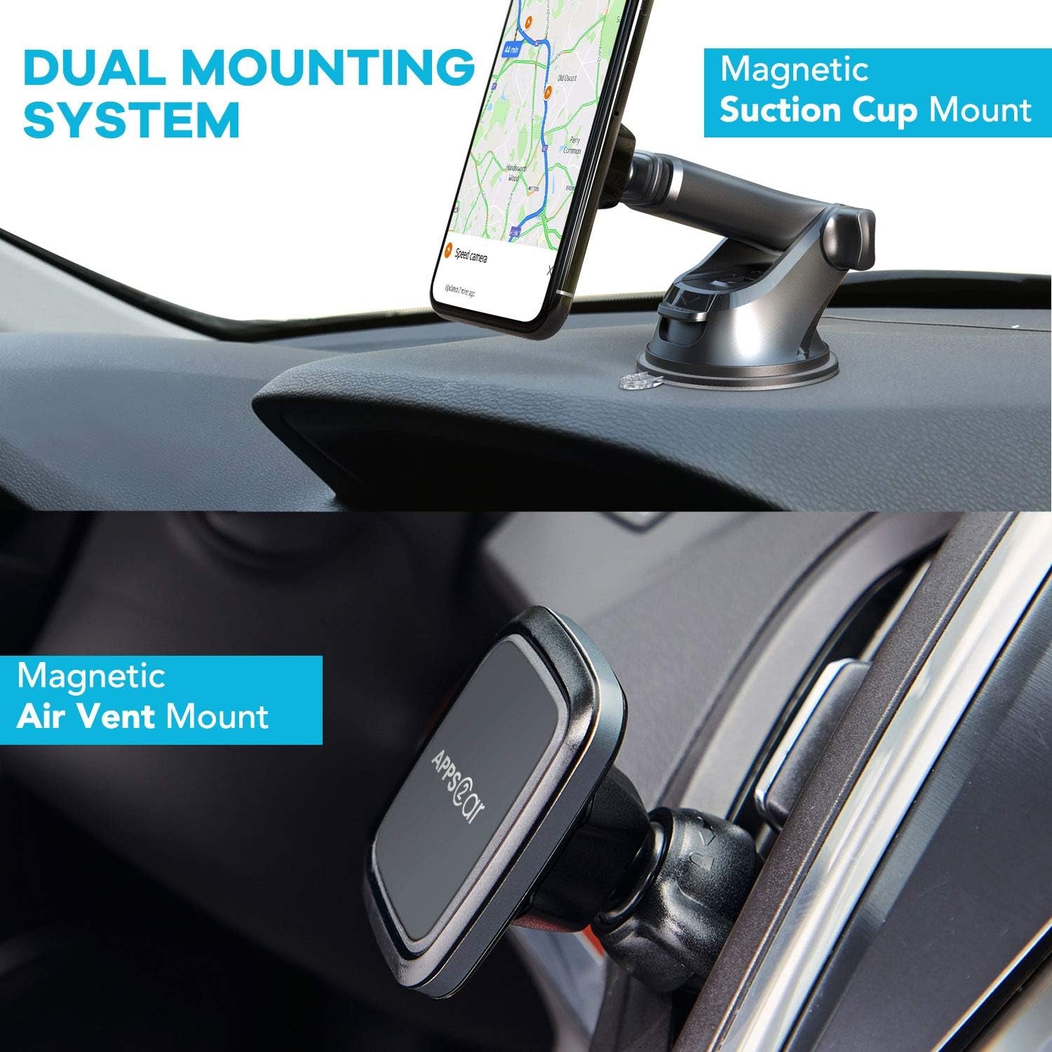 3-In-1 Car Phone Mount Magnetic Dashboard Windshield Air Vent Mount Phone Holder for Car Universal Car Phone Holder with Powerful Suction Cup Built-In Strong 6 Magnets for All Cellphones