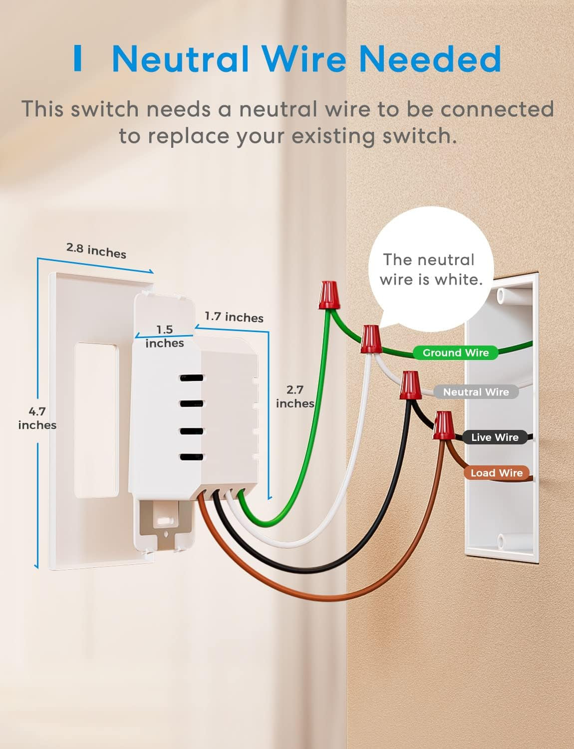 Smart Light Switch Compatible with Alexa, Google Assistant and Smartthings, Needs Neutral Wire, Single Pole Wifi Wall Switch, Remote Control, Schedules, No Hub Needed, 2.4G Only, 4 Pack