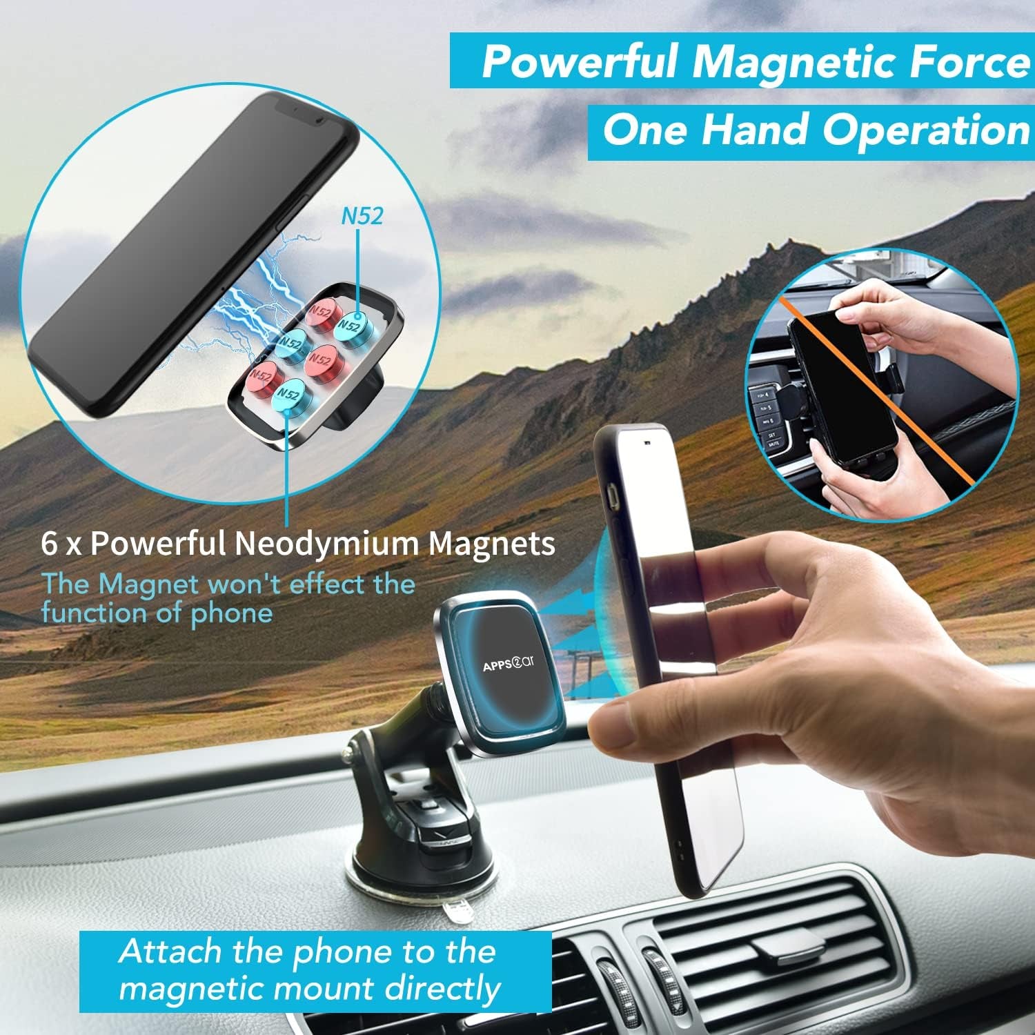 3-In-1 Car Phone Mount Magnetic Dashboard Windshield Air Vent Mount Phone Holder for Car Universal Car Phone Holder with Powerful Suction Cup Built-In Strong 6 Magnets for All Cellphones