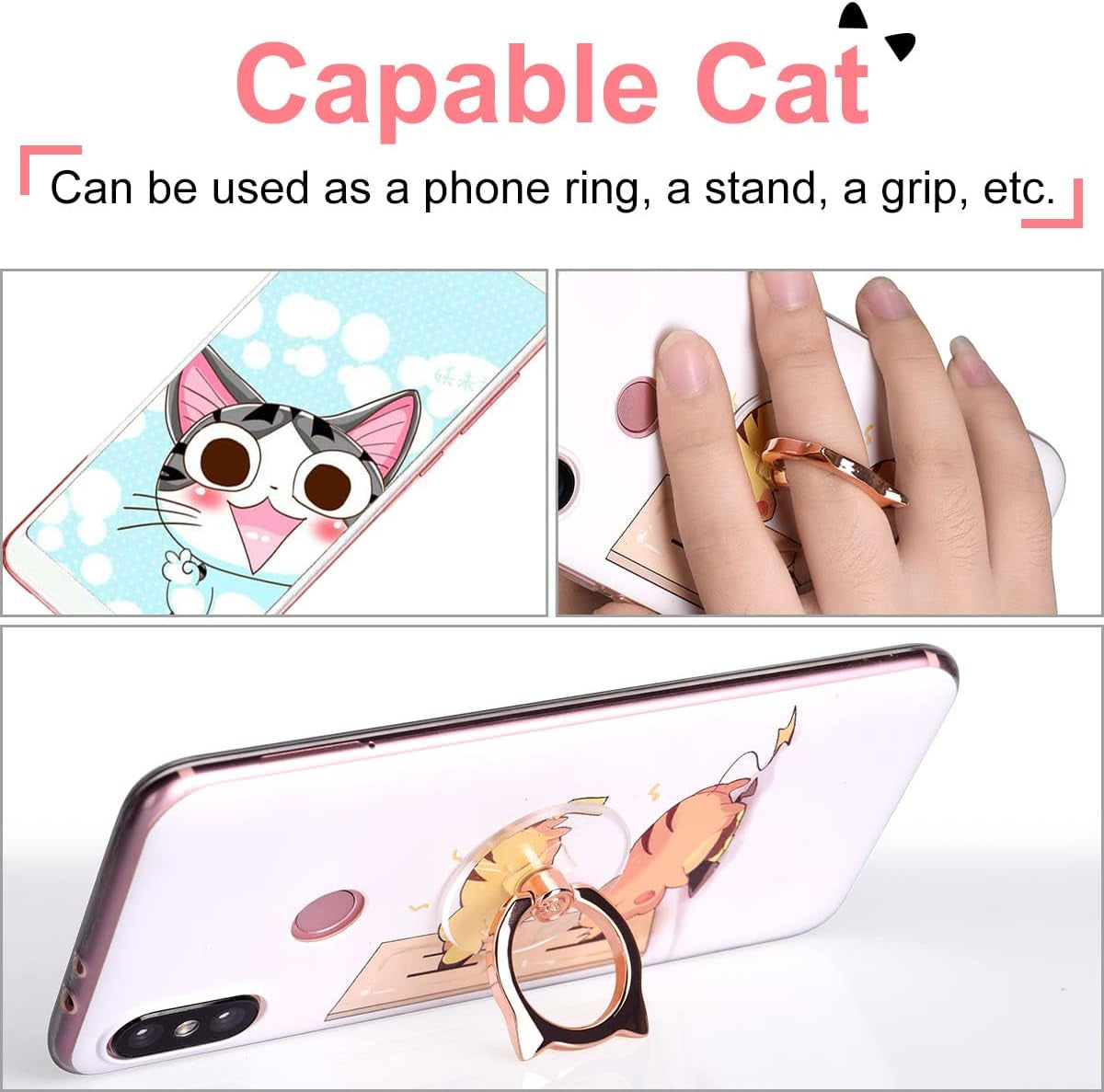 Cat Phone Ring Holder -  Clear Cell Phone Ring Holder Transparent Stand Finger Grip (1 Silver + 1 Rose Gold Cat)