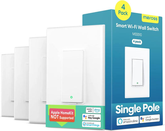 Smart Light Switch Compatible with Alexa, Google Assistant and Smartthings, Needs Neutral Wire, Single Pole Wifi Wall Switch, Remote Control, Schedules, No Hub Needed, 2.4G Only, 4 Pack