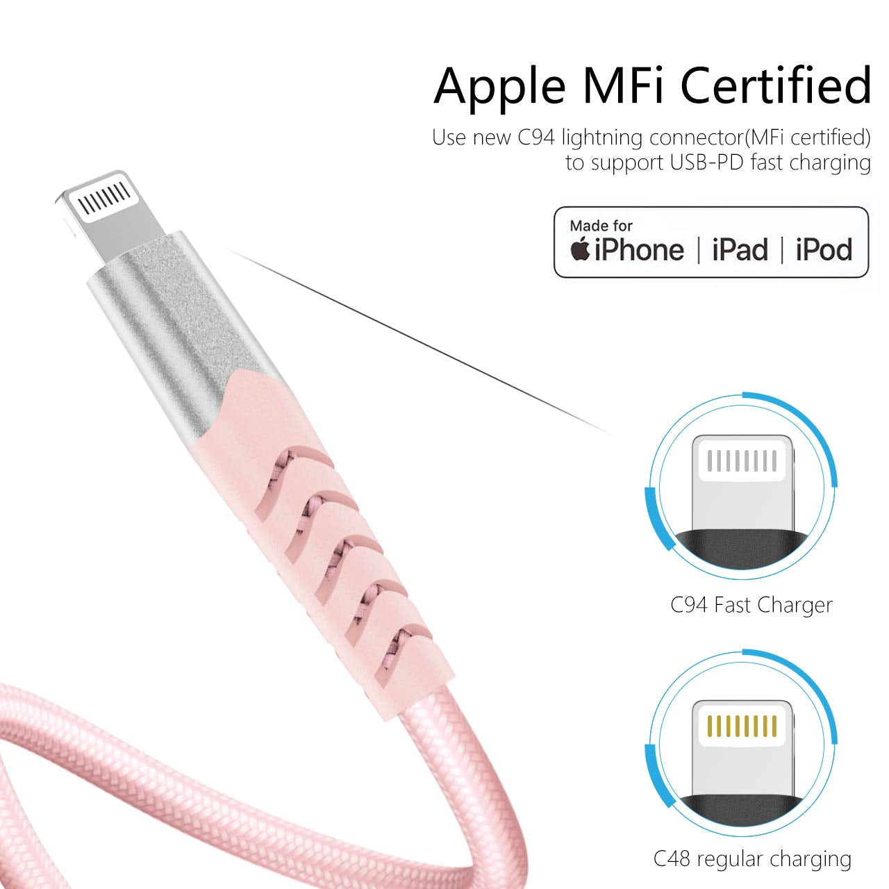 USB C to Lightning Cable 6.6FT [Apple Mfi Certified] Iphone 13 Charger Cable Compatible with Iphone 13/12/11/11 Pro/X/Xs/Xr/8/Airpods Pro and More, Support Power Delivery, Nylon Braided 2M Pink