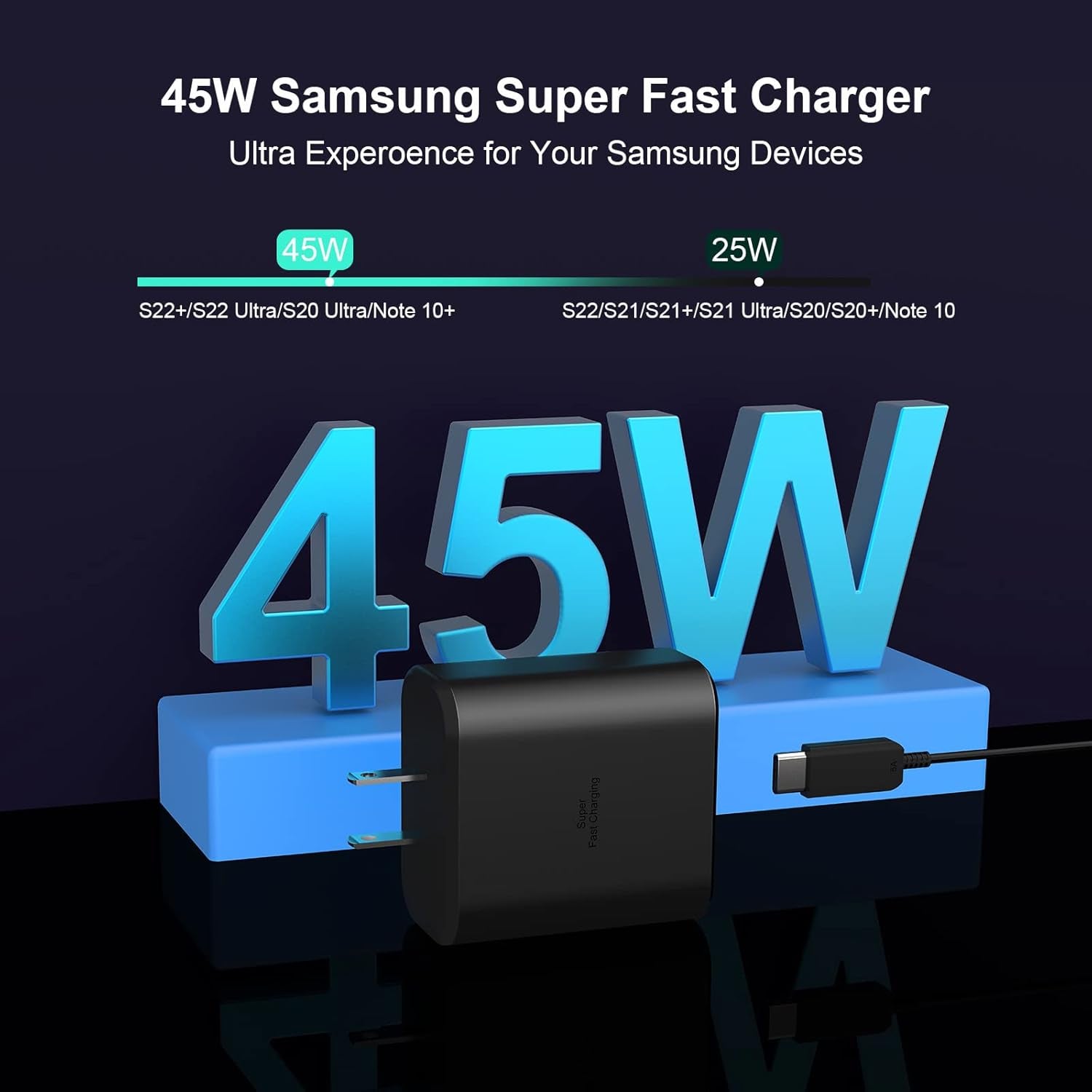 Super Fast Charger, Original 45W USB-C Super Fast Charging Wall Charger Travel Adapter with 5FT USB C Fast Charging Cable Compatible for Samsung Galaxy S22 S22+ S22 Ultra S21 S20 Note 10+ Note 20